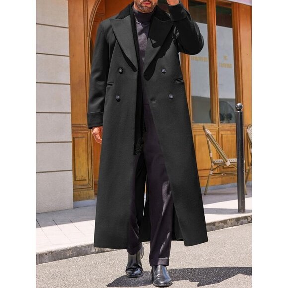 Mens Black Full Length Trench Coat Notched Lapel Long Jacket Winter Overcoat - Picture 3 of 6